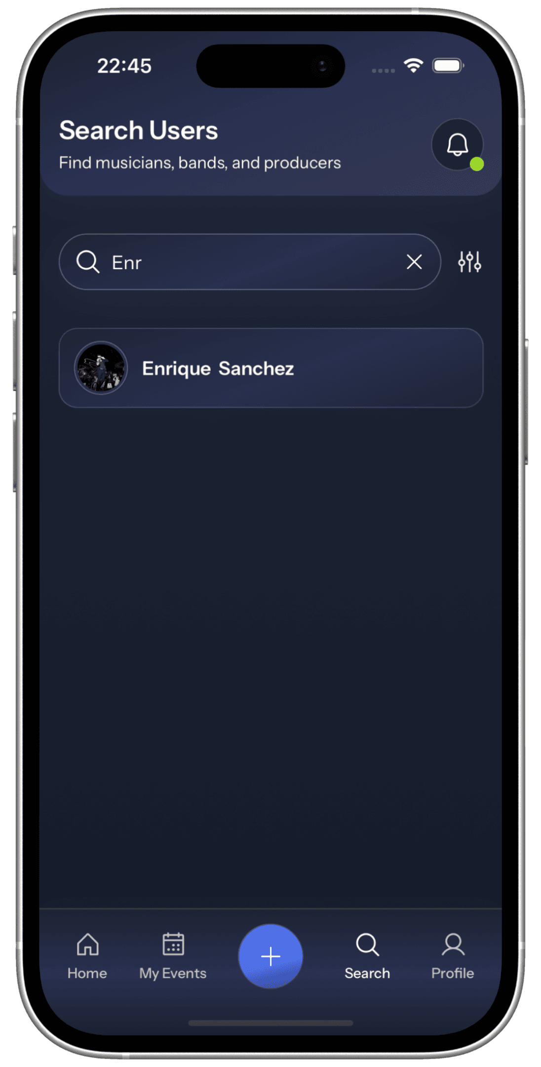 OnTop musician search screen in an iPhone 16